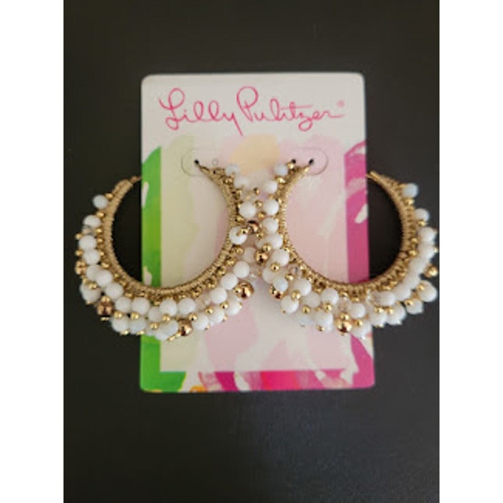 Lilly Pulitzer Hoop Earrings Resort White Gold Beaded Coastal Vacation Gift